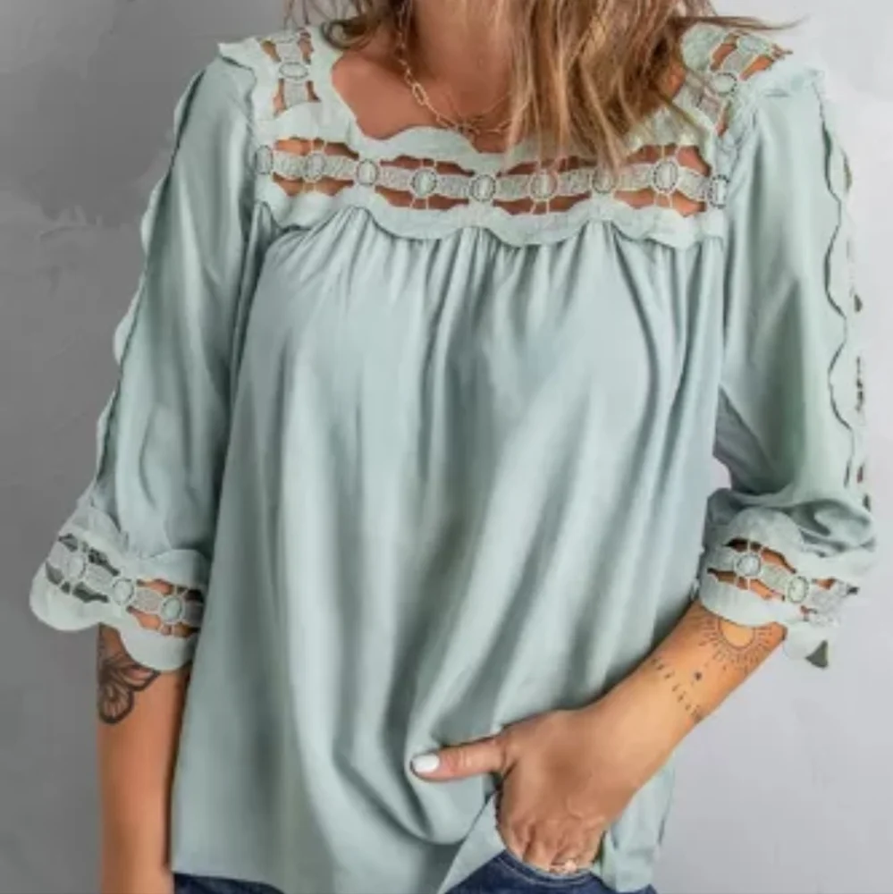 😊New Green crochet hollow-out top